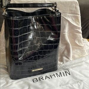 Brahmin Glossy Black Croc-Embossed Shoulder Bag